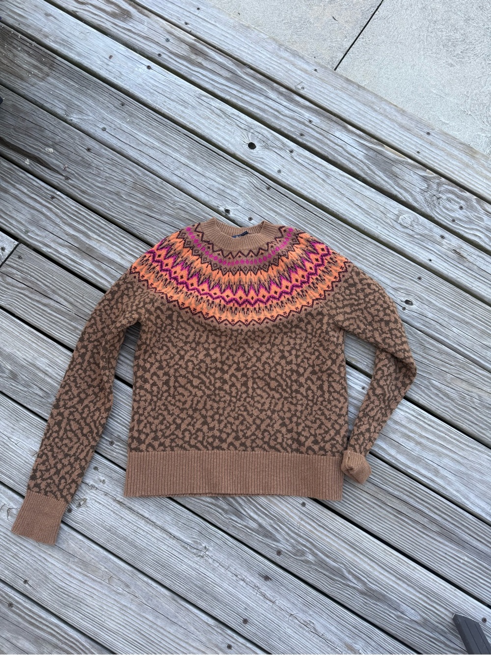 Brooks Brothers crew neck sweater sz sm Fair Isle yoke pattern & leopard print